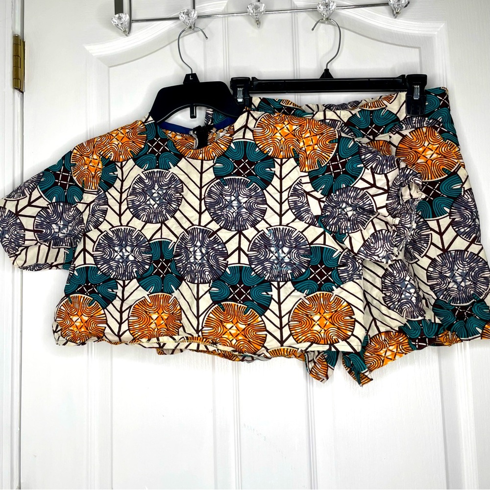Women’s Matched Set - Teal, Orange & Cream. African Inspired Print
